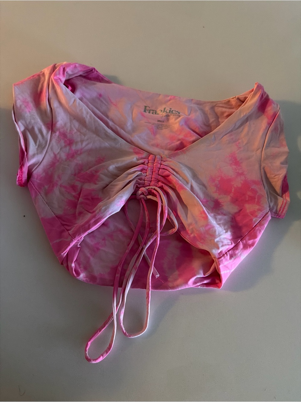 Frankie's Bikinis Pink Tie-Dye Ruched Crop Top